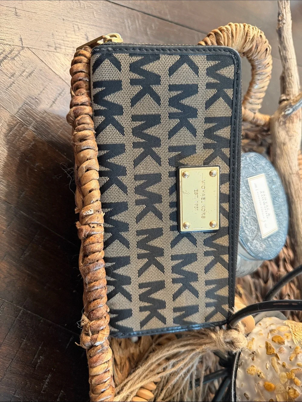 Michael Kors Black & Tan Logo Zip Wallet with Gold Plate